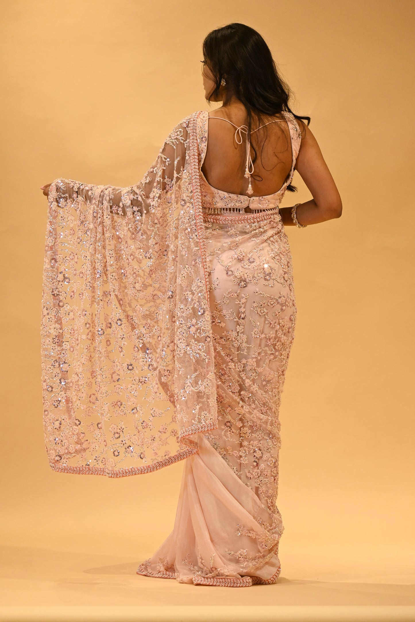 BLUSH PINK FLORAL EMBROIDERED NET SAREE