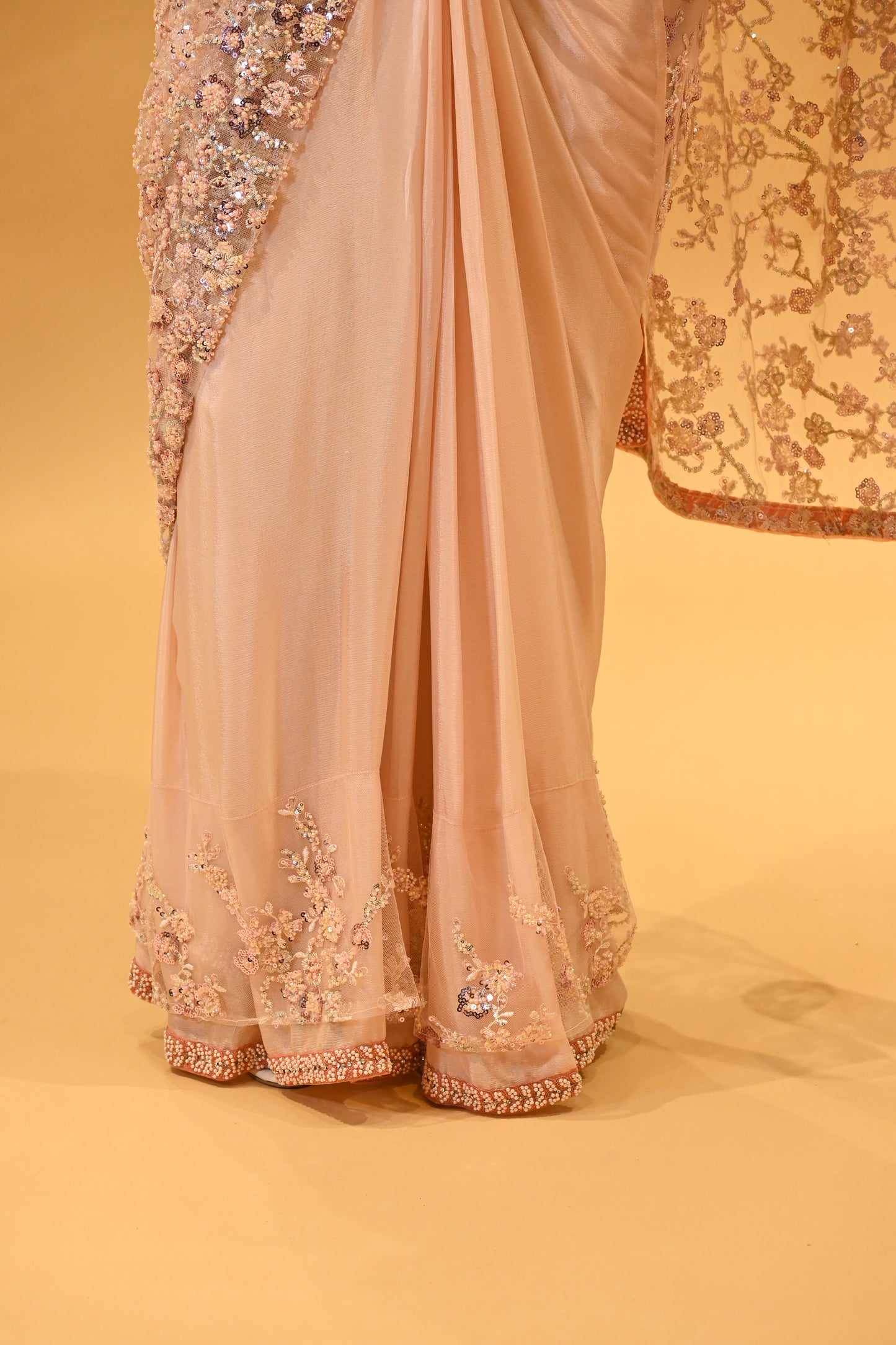 BLUSH PINK FLORAL EMBROIDERED NET SAREE