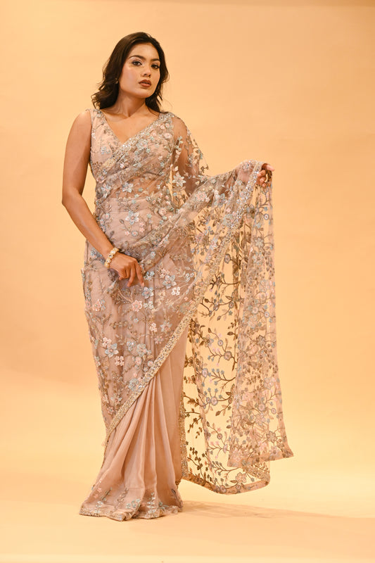 DUSTY ROSE BEIGE COLOUR FLORAL EMBROIDERED NET SAREE