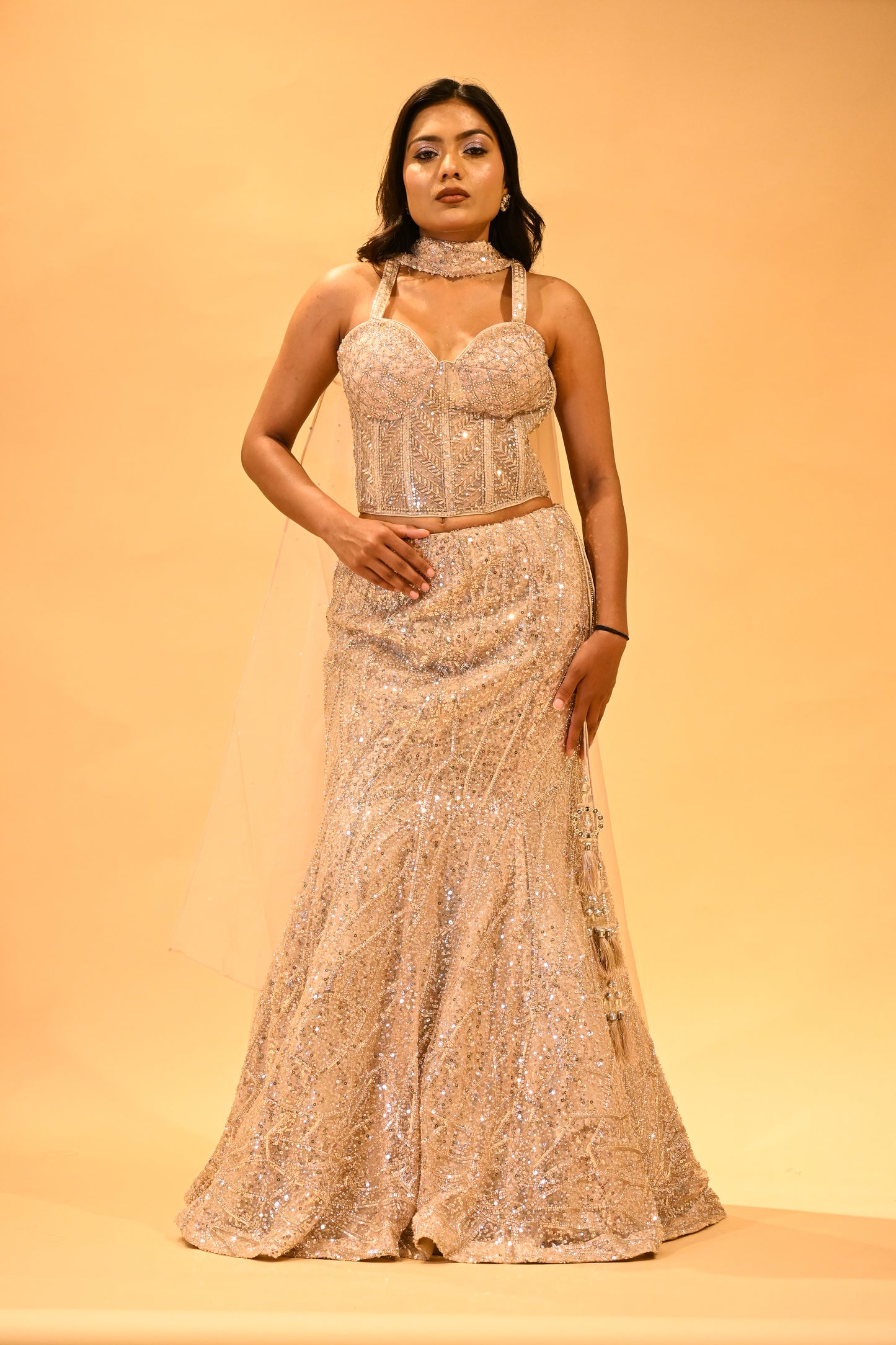 CHAMPAGNE GOLD SEQUIN EMBELLISHED LEHENGA SET