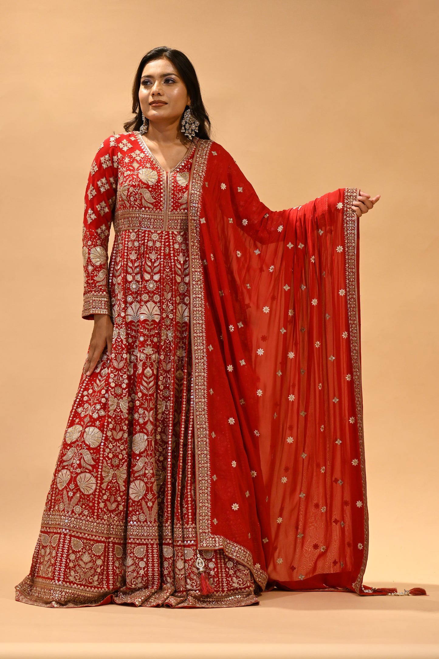 VERMILION RED EMBROIDERED ANARKALI WITH DUPATTA