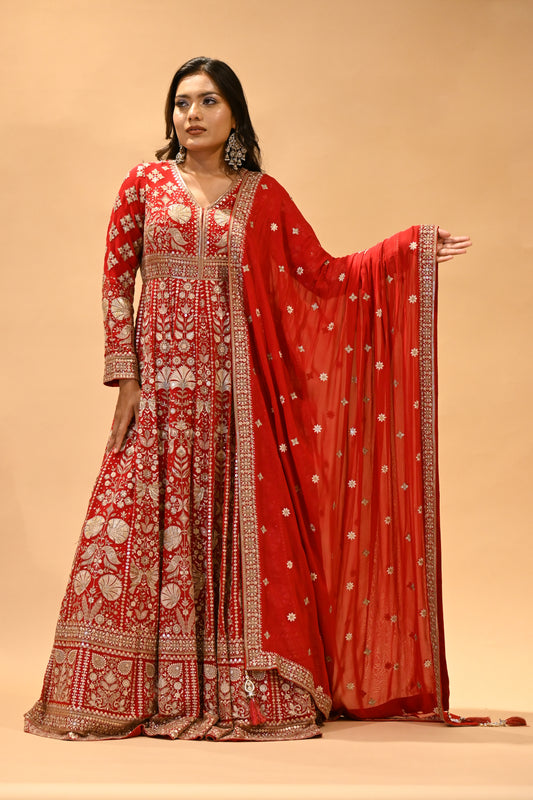 VERMILION RED EMBROIDERED ANARKALI WITH DUPATTA