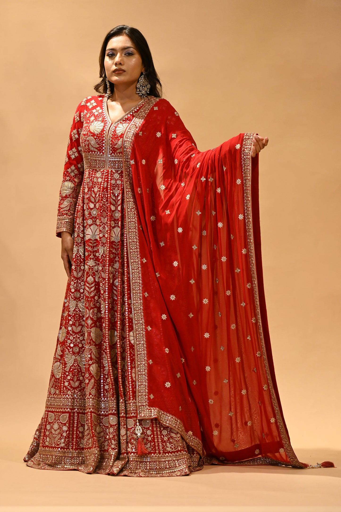 VERMILION RED EMBROIDERED ANARKALI WITH DUPATTA