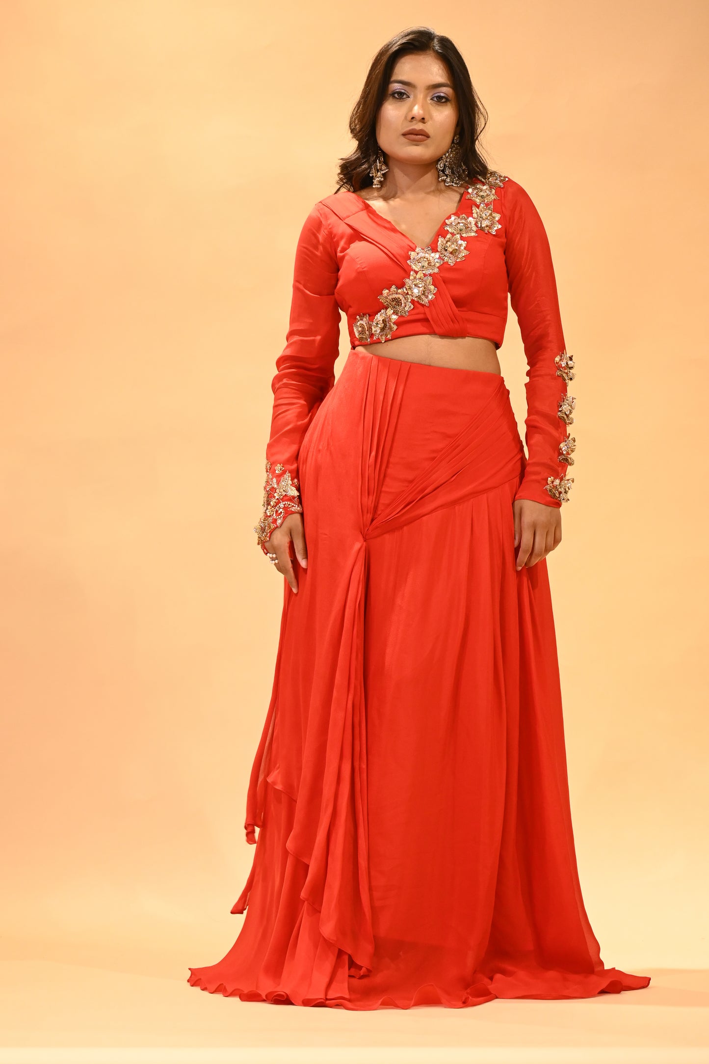 SCARLET RED DRAPED SKIRT SET WITH EMBROIDERED BLOUSE ( DELIVERY IN 30 DAYS )