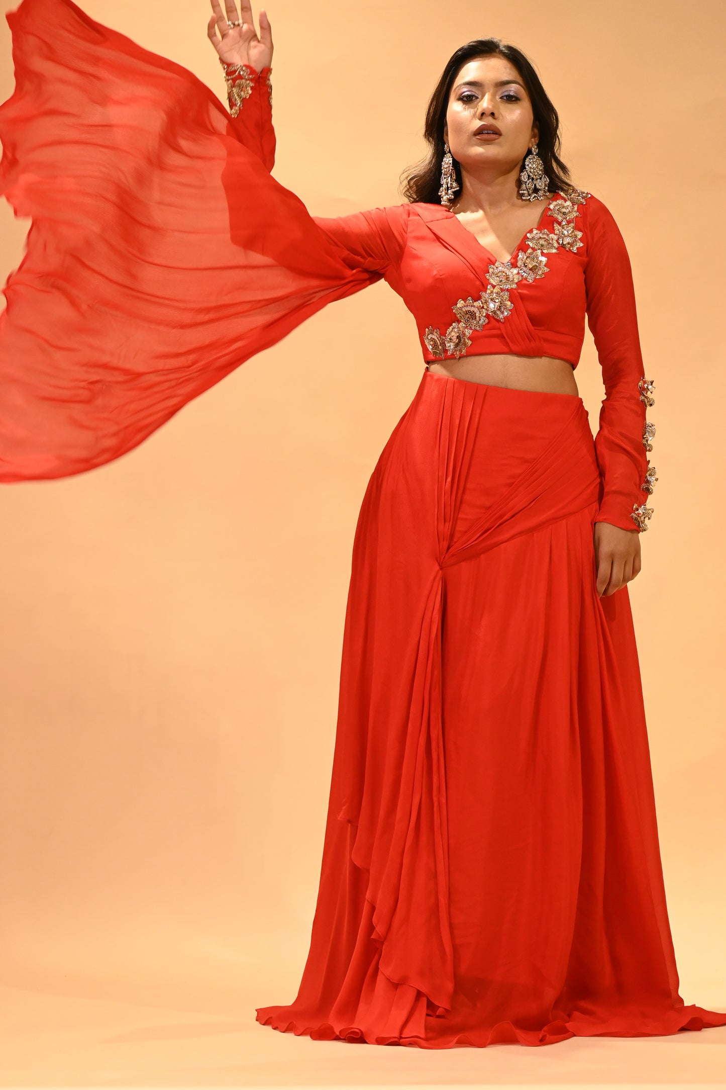 SCARLET RED DRAPED SKIRT SET WITH EMBROIDERED BLOUSE ( DELIVERY IN 30 DAYS )
