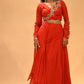 SCARLET RED DRAPED SKIRT SET WITH EMBROIDERED BLOUSE ( DELIVERY IN 30 DAYS )