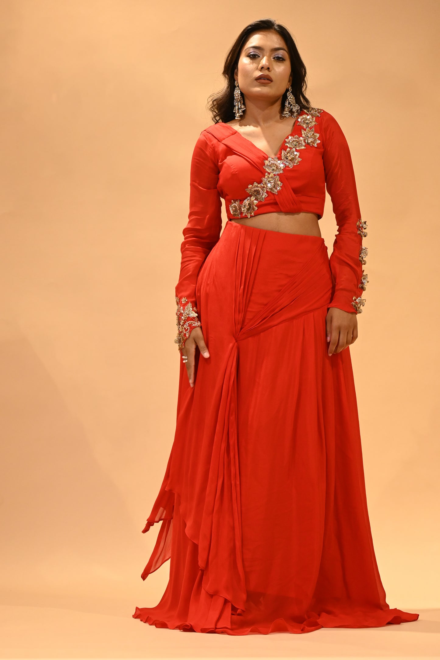 SCARLET RED DRAPED SKIRT SET WITH EMBROIDERED BLOUSE ( DELIVERY IN 30 DAYS )