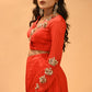 SCARLET RED DRAPED SKIRT SET WITH EMBROIDERED BLOUSE ( DELIVERY IN 30 DAYS )