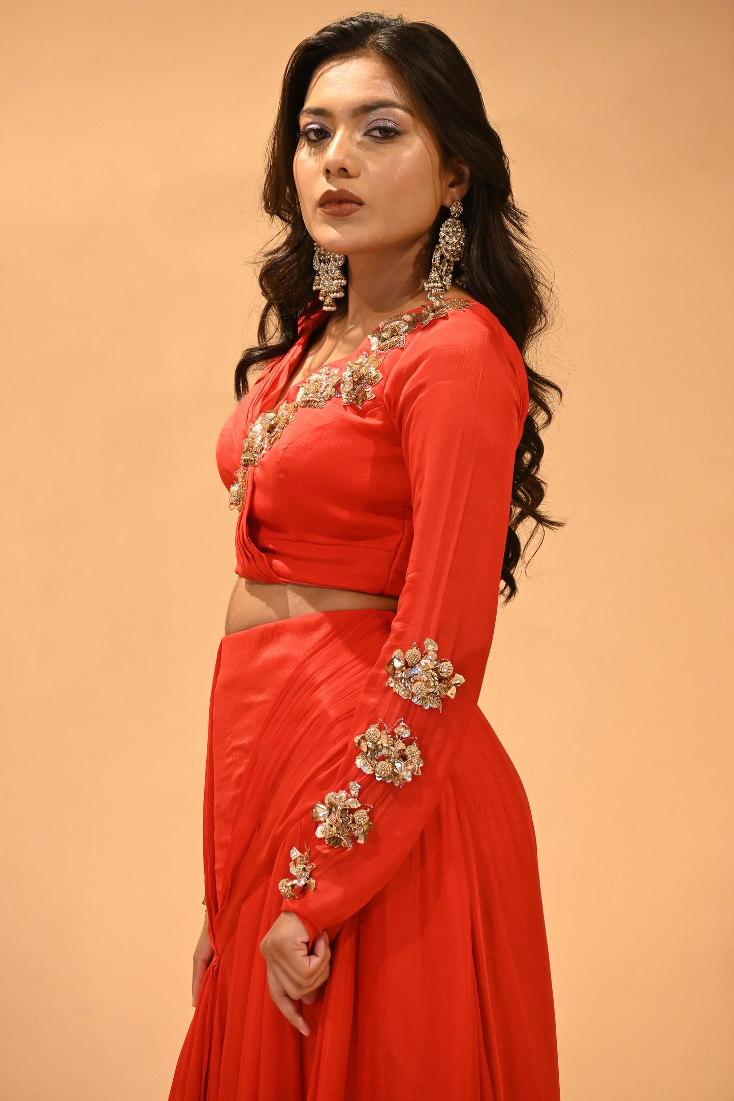 SCARLET RED DRAPED SKIRT SET WITH EMBROIDERED BLOUSE ( DELIVERY IN 30 DAYS )