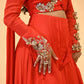SCARLET RED DRAPED SKIRT SET WITH EMBROIDERED BLOUSE ( DELIVERY IN 30 DAYS )
