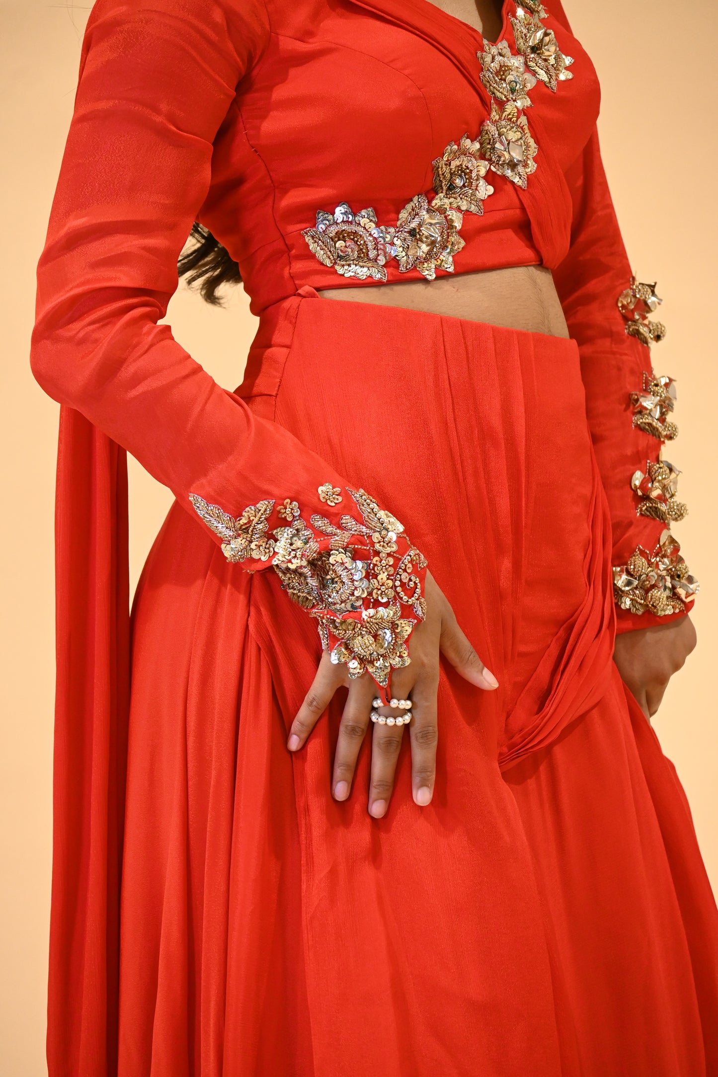 SCARLET RED DRAPED SKIRT SET WITH EMBROIDERED BLOUSE ( DELIVERY IN 30 DAYS )