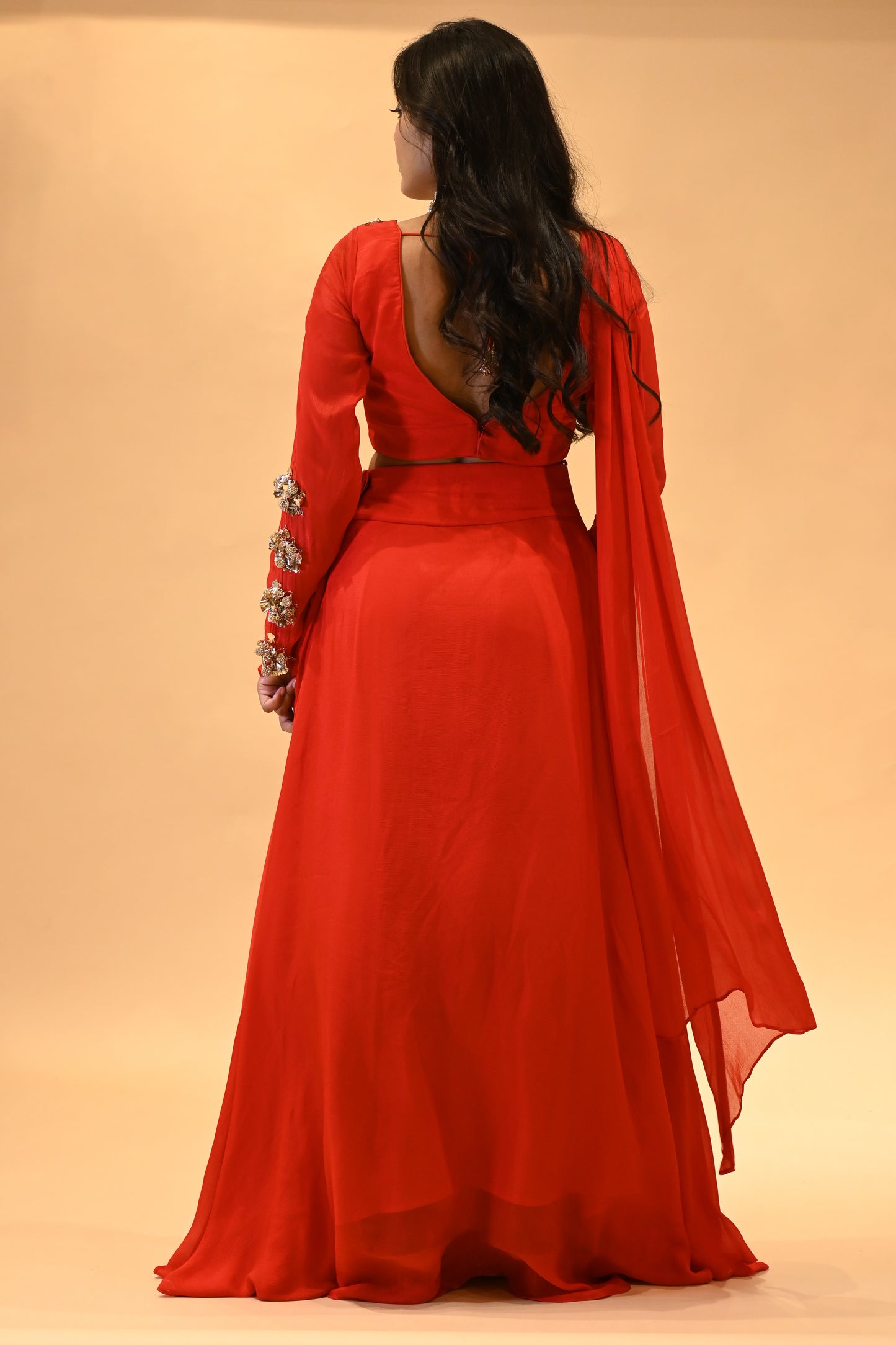 SCARLET RED DRAPED SKIRT SET WITH EMBROIDERED BLOUSE ( DELIVERY IN 30 DAYS )