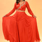 SCARLET RED DRAPED SKIRT SET WITH EMBROIDERED BLOUSE ( DELIVERY IN 30 DAYS )