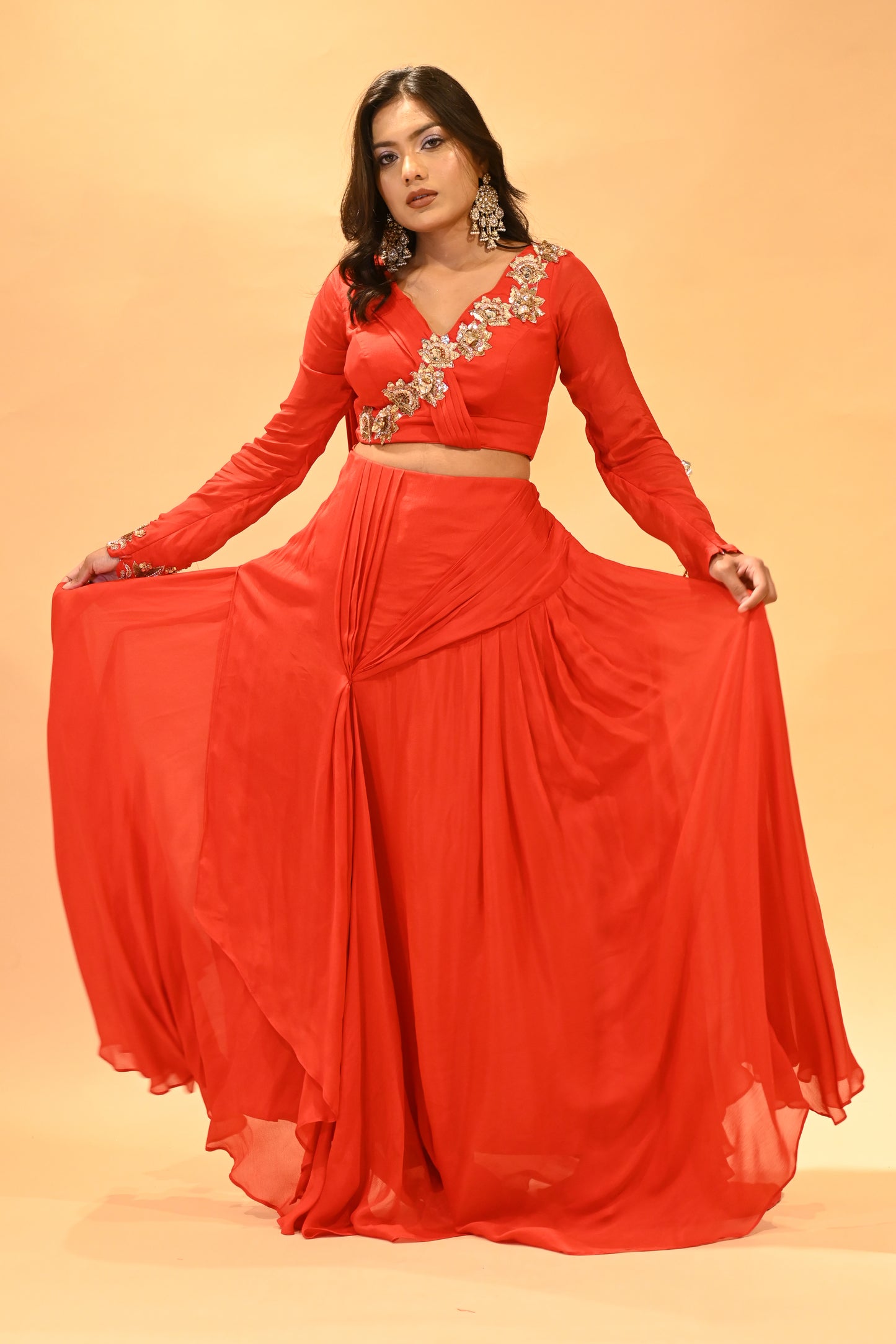 SCARLET RED DRAPED SKIRT SET WITH EMBROIDERED BLOUSE ( DELIVERY IN 30 DAYS )