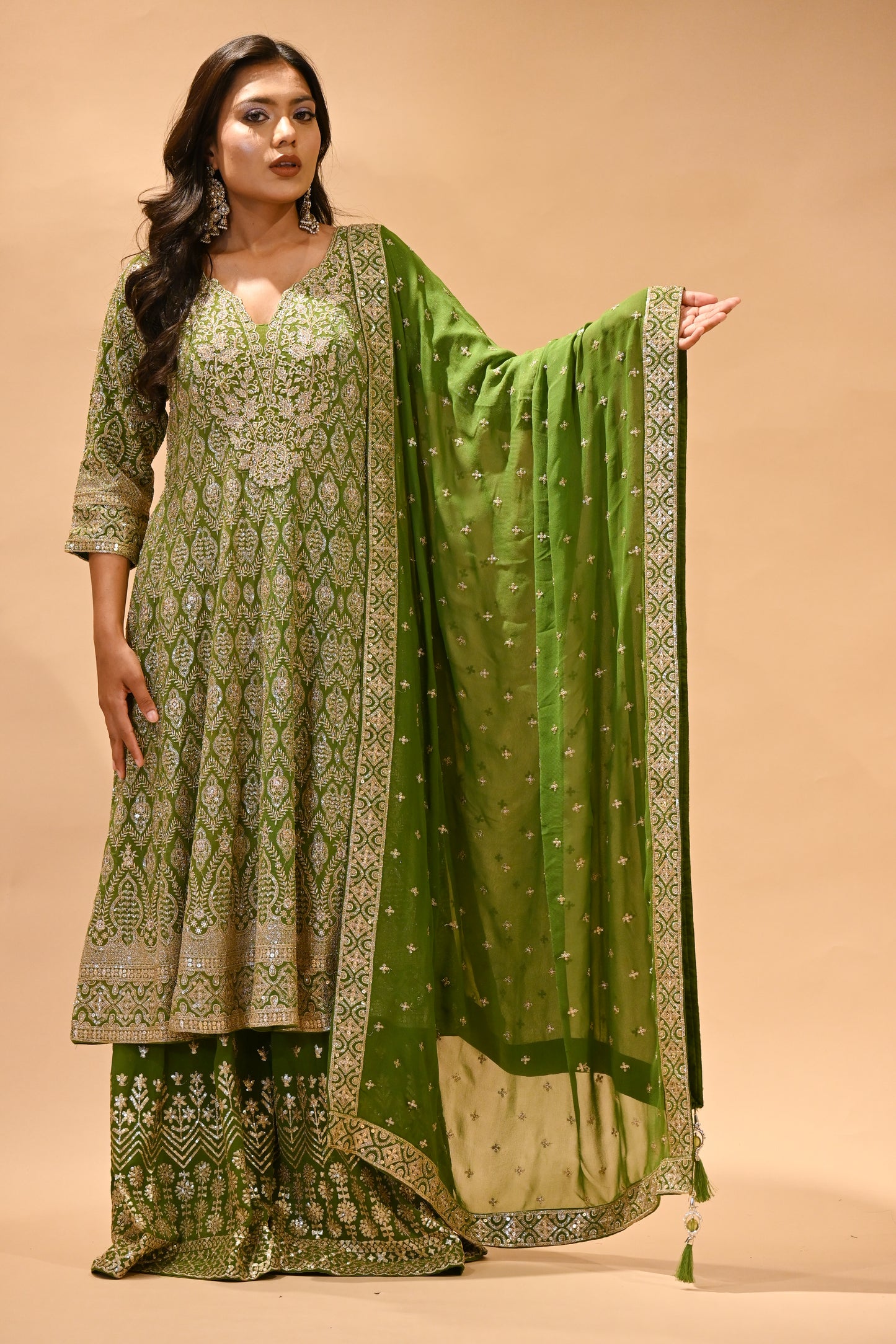 MEHENDI GREEN EMBROIDERED SHARARA SET WITH DUPATTA