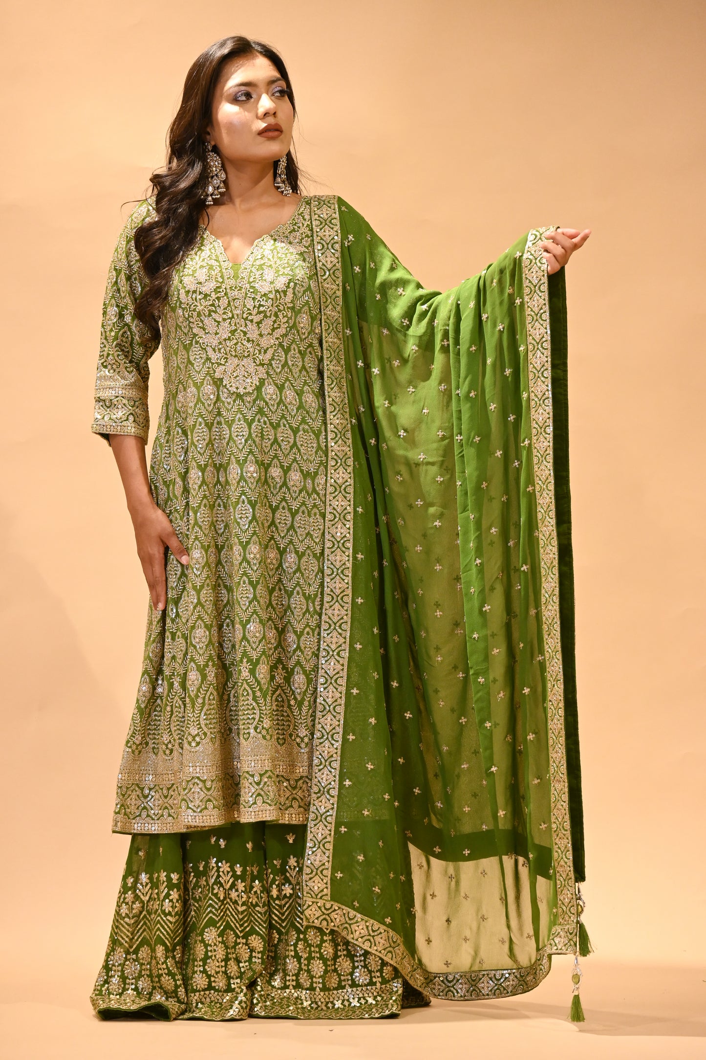 MEHENDI GREEN EMBROIDERED SHARARA SET WITH DUPATTA