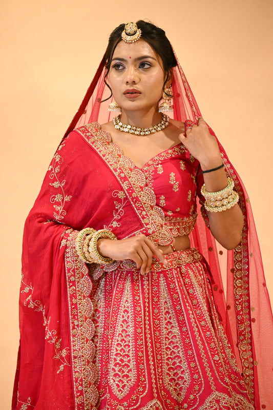 BRIDAL PINK HAND-EMBROIDERED LEHENGA SET WITH DOUBLE DUPATTA & MATCHING POTLI BAG