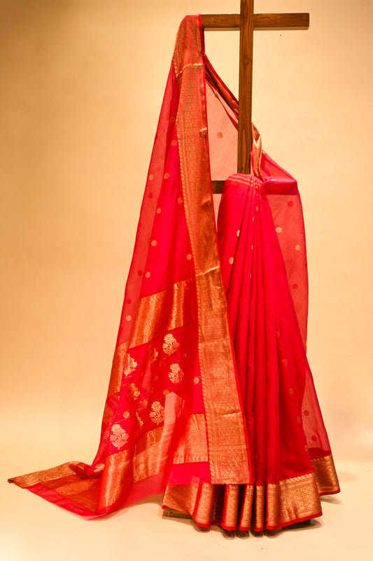 RED CHANDERI HANDWOVEN SILK SAREE