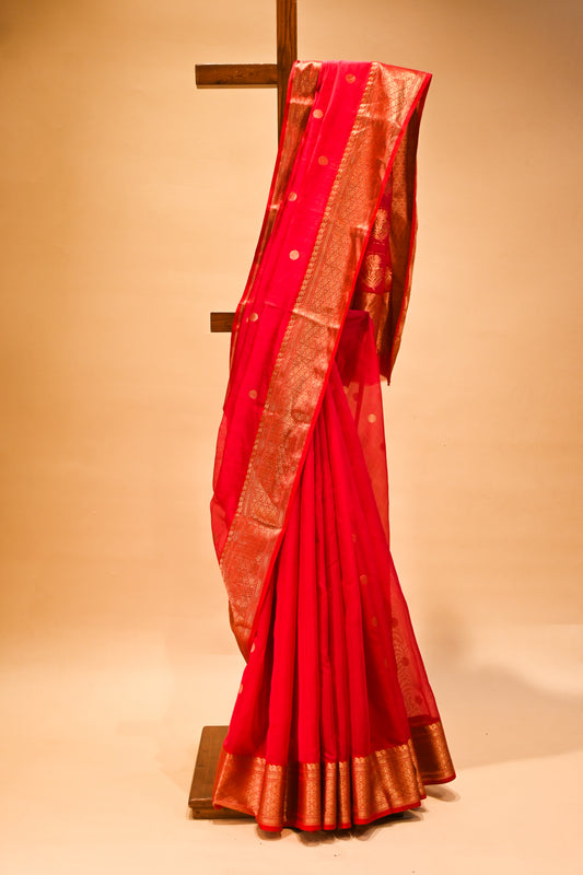 RED CHANDERI HANDWOVEN SILK SAREE