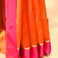 ORANGE CHANDERI HANDWOVEN SILK SAREE WITH CONTRAST PINK BORDER AND ZARI PALLA