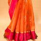 ORANGE CHANDERI HANDWOVEN SILK SAREE WITH CONTRAST PINK BORDER AND ZARI PALLA