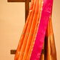ORANGE CHANDERI HANDWOVEN SILK SAREE WITH CONTRAST PINK BORDER AND ZARI PALLA
