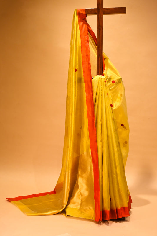 YELLOW CHANDERI HANDWOVEN SILK SAREE WITH CONTRAST ORANGE BORDER AND ZARI PALLA
