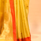 YELLOW CHANDERI HANDWOVEN SILK SAREE WITH CONTRAST ORANGE BORDER AND ZARI PALLA