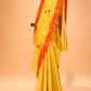 YELLOW CHANDERI HANDWOVEN SILK SAREE WITH CONTRAST ORANGE BORDER AND ZARI PALLA