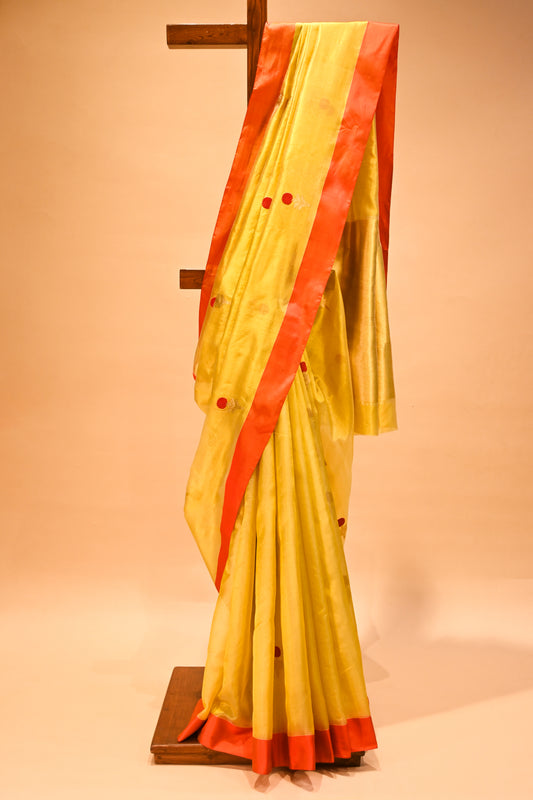YELLOW CHANDERI HANDWOVEN SILK SAREE WITH CONTRAST ORANGE BORDER AND ZARI PALLA