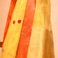 YELLOW CHANDERI HANDWOVEN SILK SAREE WITH CONTRAST ORANGE BORDER AND ZARI PALLA