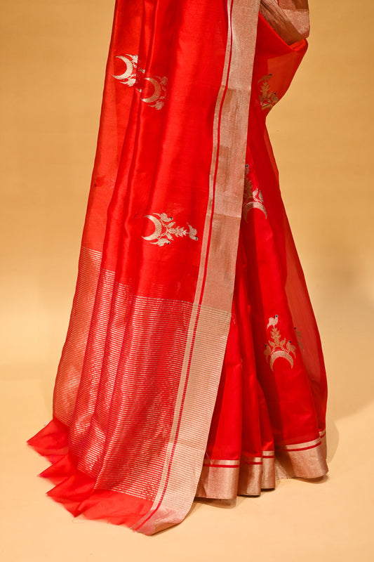 CRIMSON RED CHANDERI HANDWOVEN SILK SAREE
