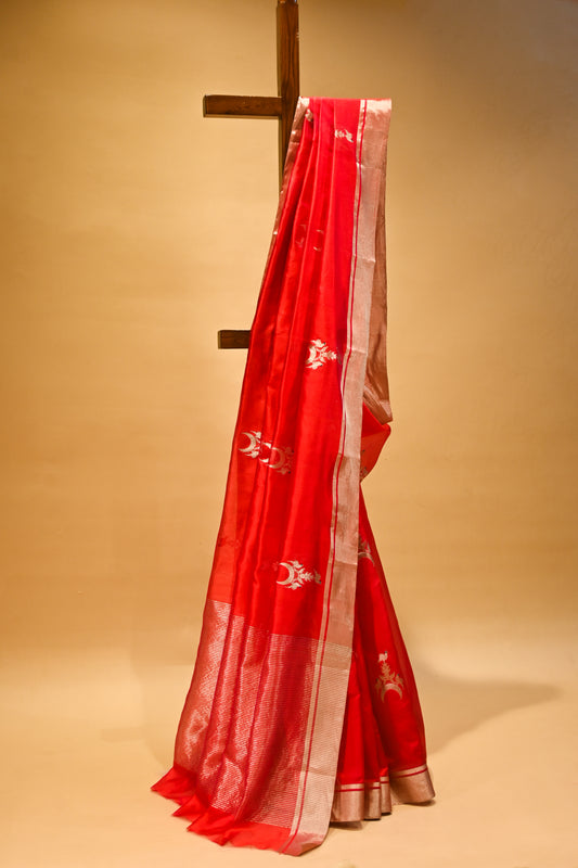 CRIMSON RED CHANDERI HANDWOVEN SILK SAREE