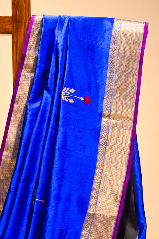 ROYAL BLUE CHANDERI HANDWOVEN SILK SAREE WITH ZARI BORDER AND PALLA