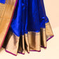 ROYAL BLUE CHANDERI HANDWOVEN SILK SAREE WITH ZARI BORDER AND PALLA