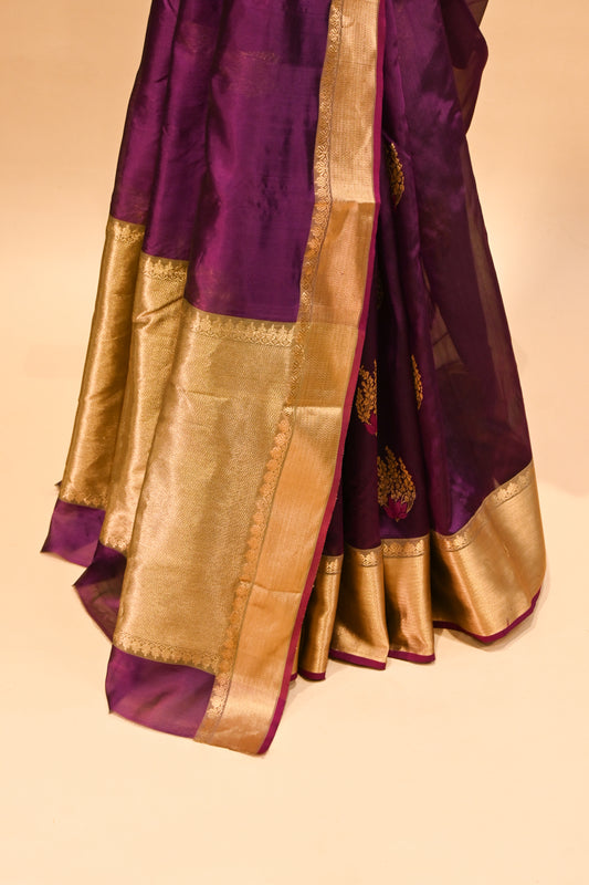 PURPLE CHANDERI HANDWOVEN SILK SAREE WITH ZARI PALLA AND BORDER