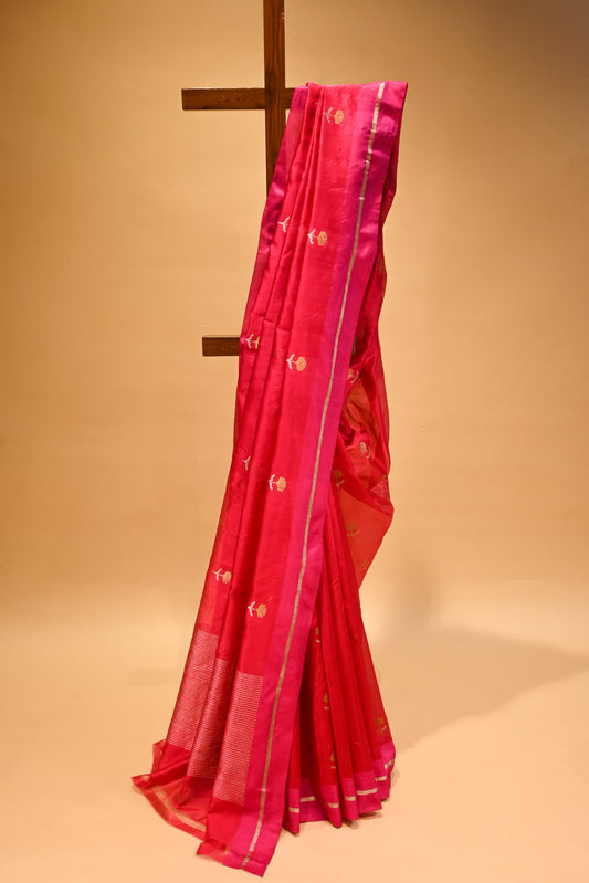 RANI PINK CHANDERI HANDWOVEN SILK SAREE