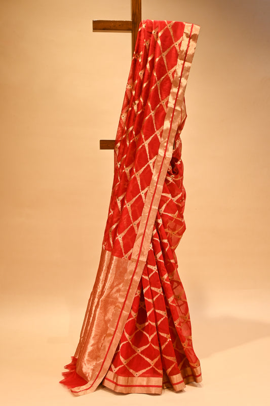 RICH RED CHANDERI HANDWOVEN SILK SAREE