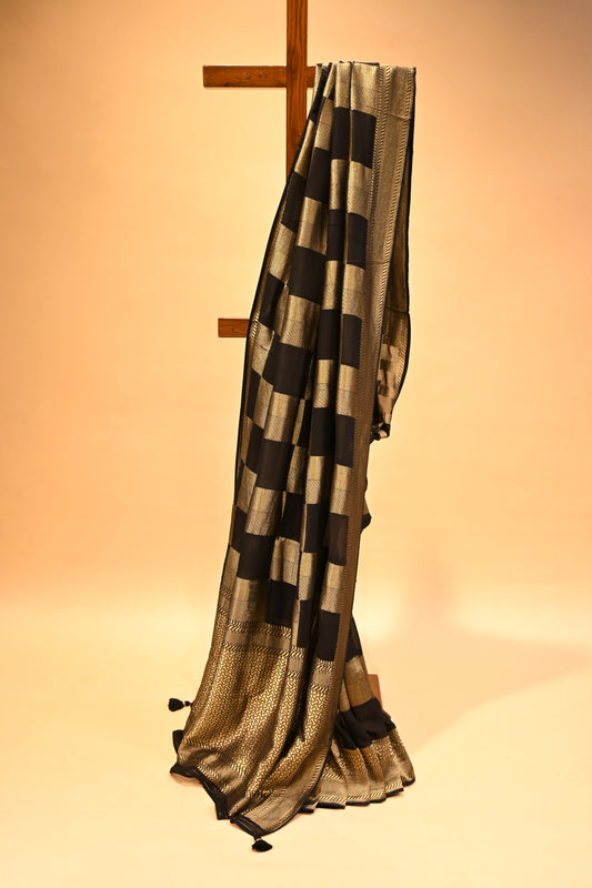 BLACK CHANDERI HANDWOVEN SILK SAREE