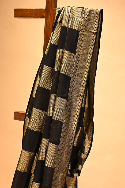 BLACK CHANDERI HANDWOVEN SILK SAREE