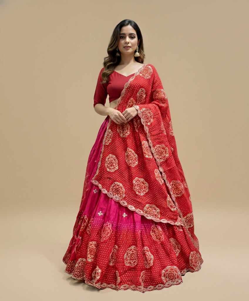 RED AND PINK SHADED SILK BANDHANI LEHENGA WITH GOTA PATTI WORK