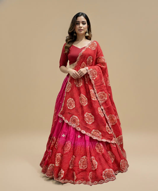 RED AND PINK SHADED SILK BANDHANI LEHENGA WITH GOTA PATTI WORK