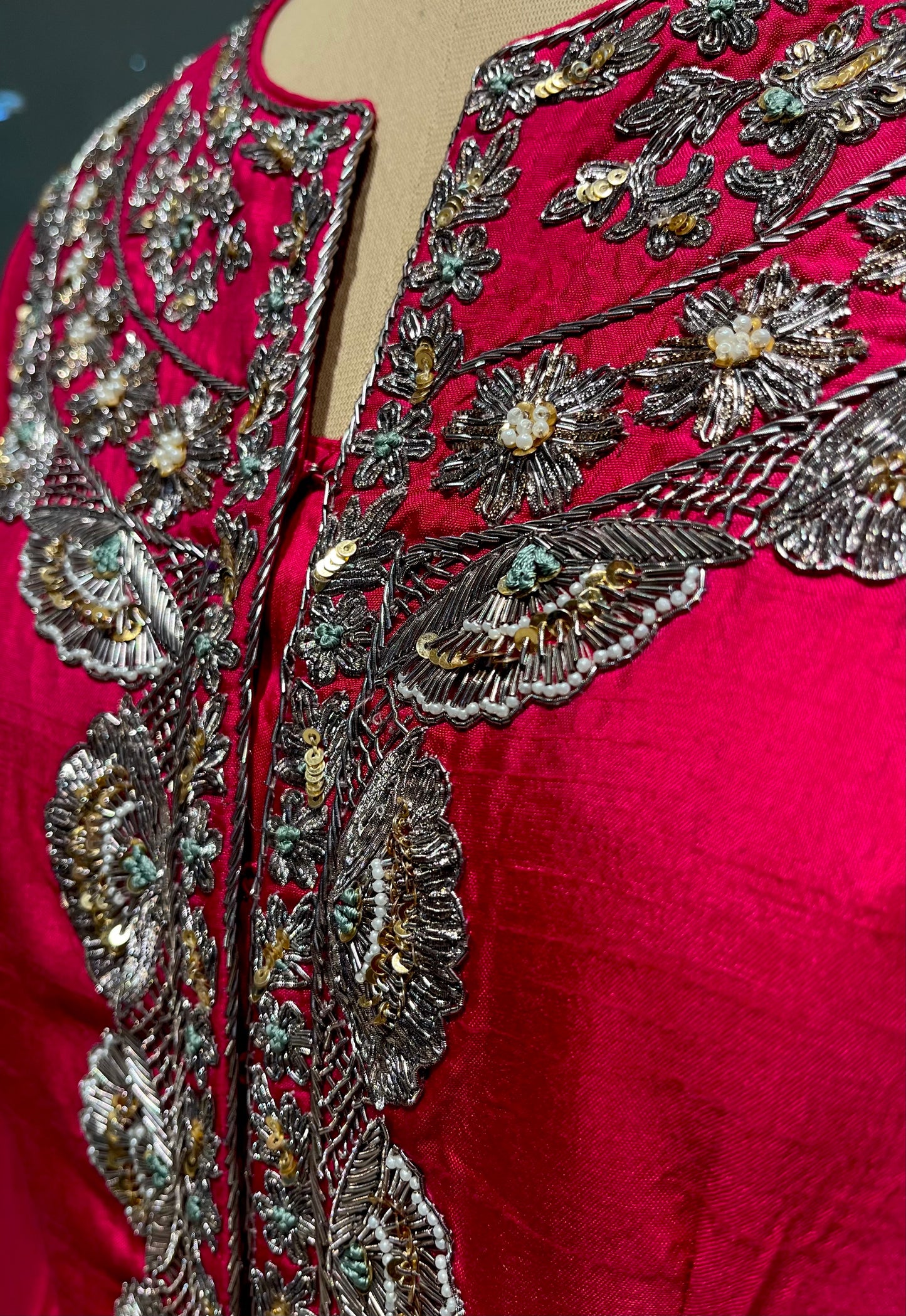 FUCHSIA PINK PURE RAW SILK ZARDOZI WORK EMBELLISHED INDO-WESTERN DRESS WITH FRONT-OPEN KURTA AND PALAZZO PANTS