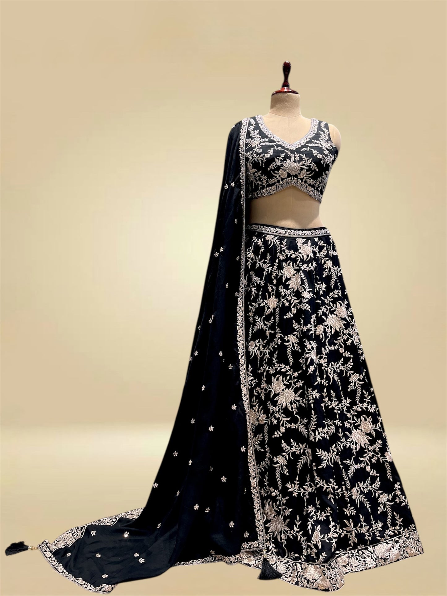 BLACK SILK PARSI EMBROIDERY LEHENGA