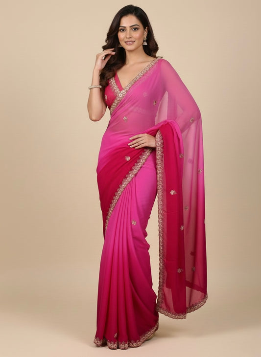 PINK SHADED CHIFFON SAREE EMBELLISHED WITH GOTA PATTI & MIRROR FOIL WORK - Kothari Sons