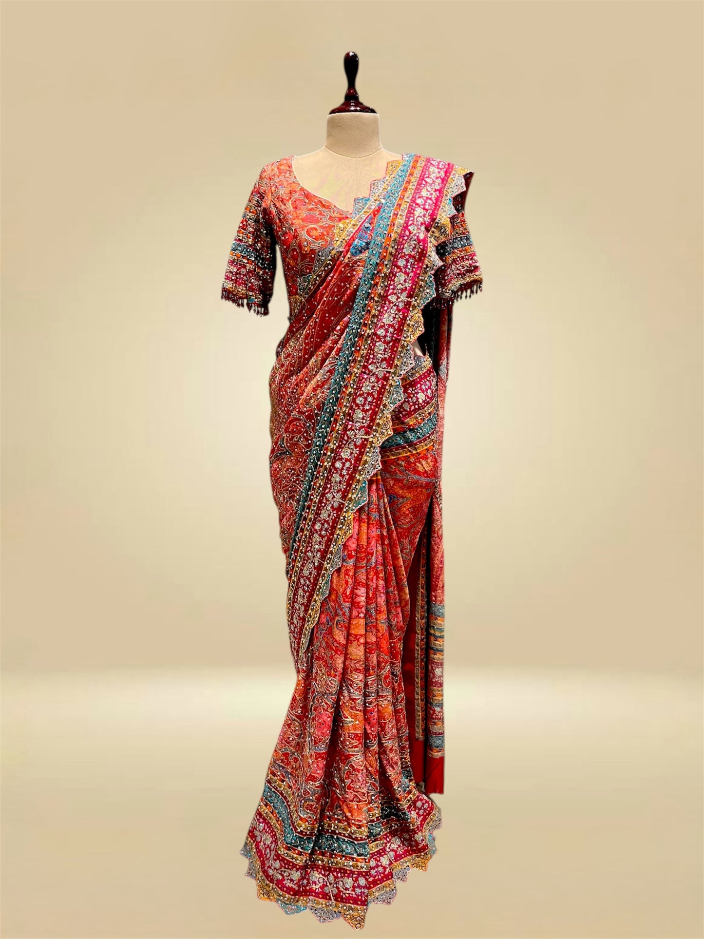 MULTICOLOURED CHINON SAREE EMBELLISHED WITH SEQUINS & BEADS WORK, PAIRED WITH A READYMADE BLOUSE