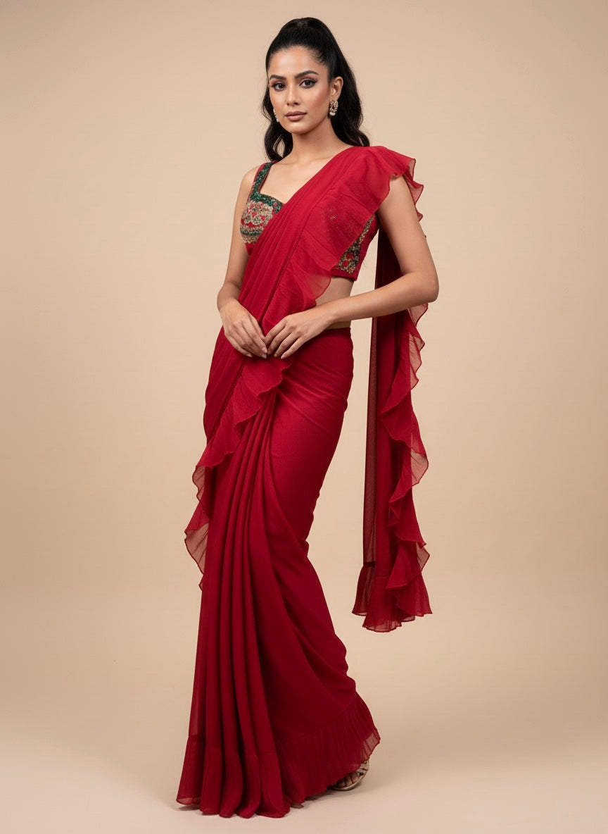 RASPBERRY COLOUR CHINON RUFFLE SAREE WITH READYMADE BLOUSE EMBELLISHED WITH SEQUINS & PITTA WORK