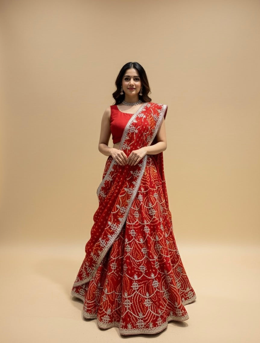 RED PURE GEORGETTE OJARIYA LEHENGA WITH GOTA PATTI WORK