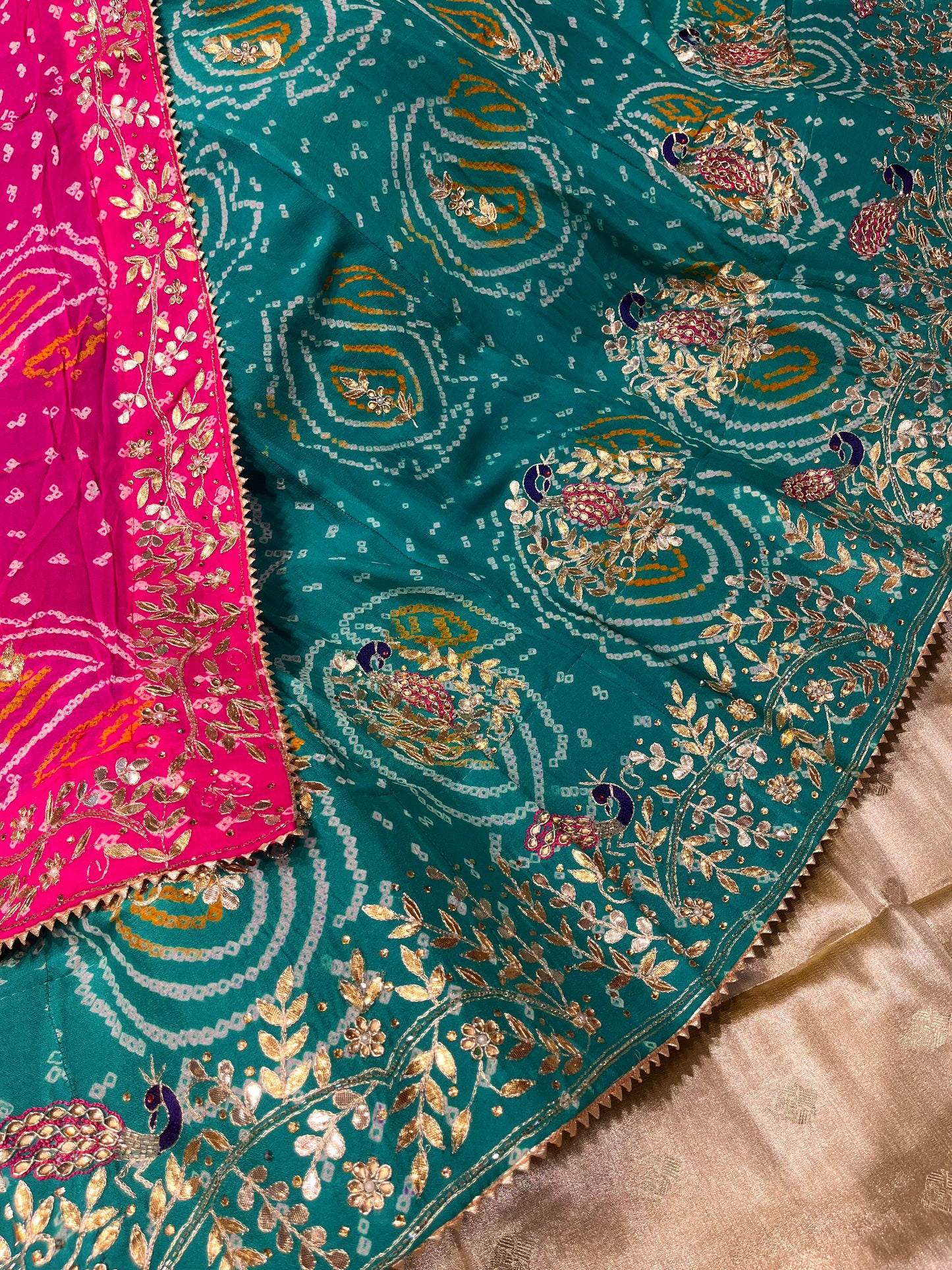 TEAL AND FUCHSIA COLOUR PURE GEORGETTE OJARIYA LEHENGA WITH GOTA PATTI WORK