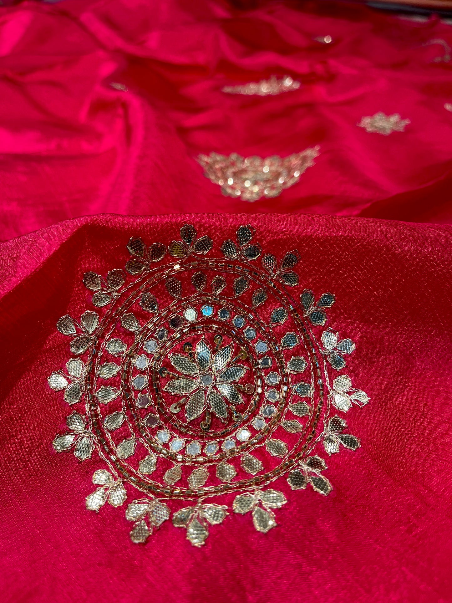 RUBY PINK TUSSAR SILK SAREE EMBELLISHED WITH FOIL MIRROR WORK